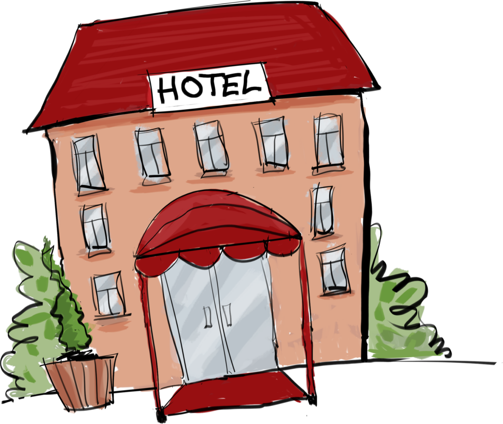 Een tekening van Mirjam Vissers van een hotel