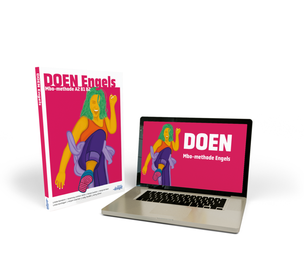 Een laptop en een leerwerkboek met het beeldmerk van DOEN Engels